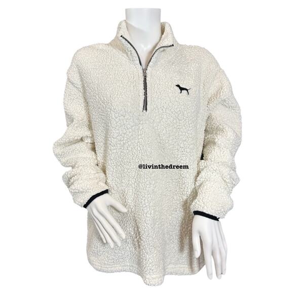 #T5  Victoria's Secret Pink Sherpa Boyfriend Quarter Zip Sweater Pullover M $79 - Picture 4 of 16